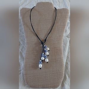 Handmade White Pearl & Blue/White Bead And Black Leather 2-Way Necklace